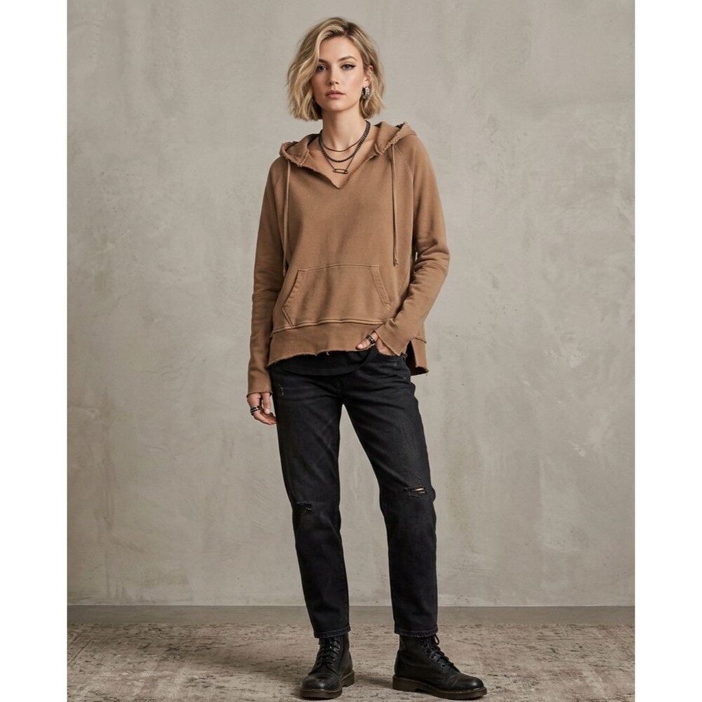 Nili Lotan Hoodie Women XS Camel Brown Cotton Distressed Raw Hem Pullover